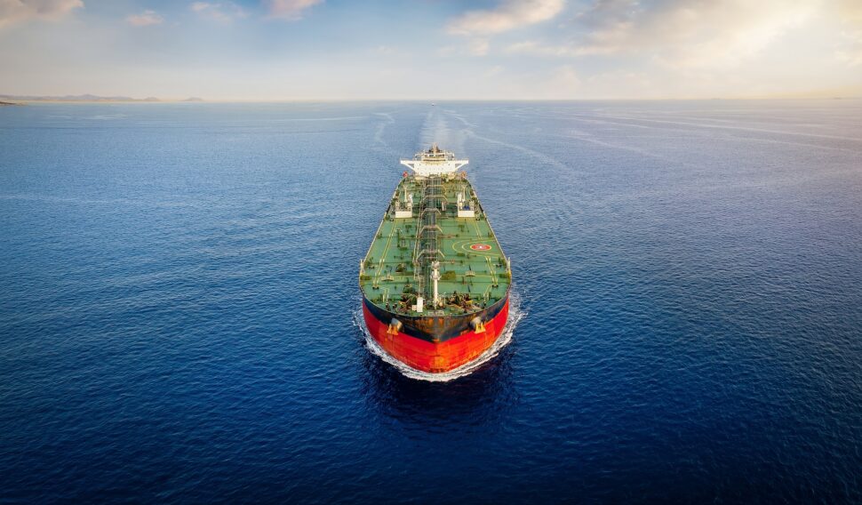 Aerial view of a tanker ship on open waters