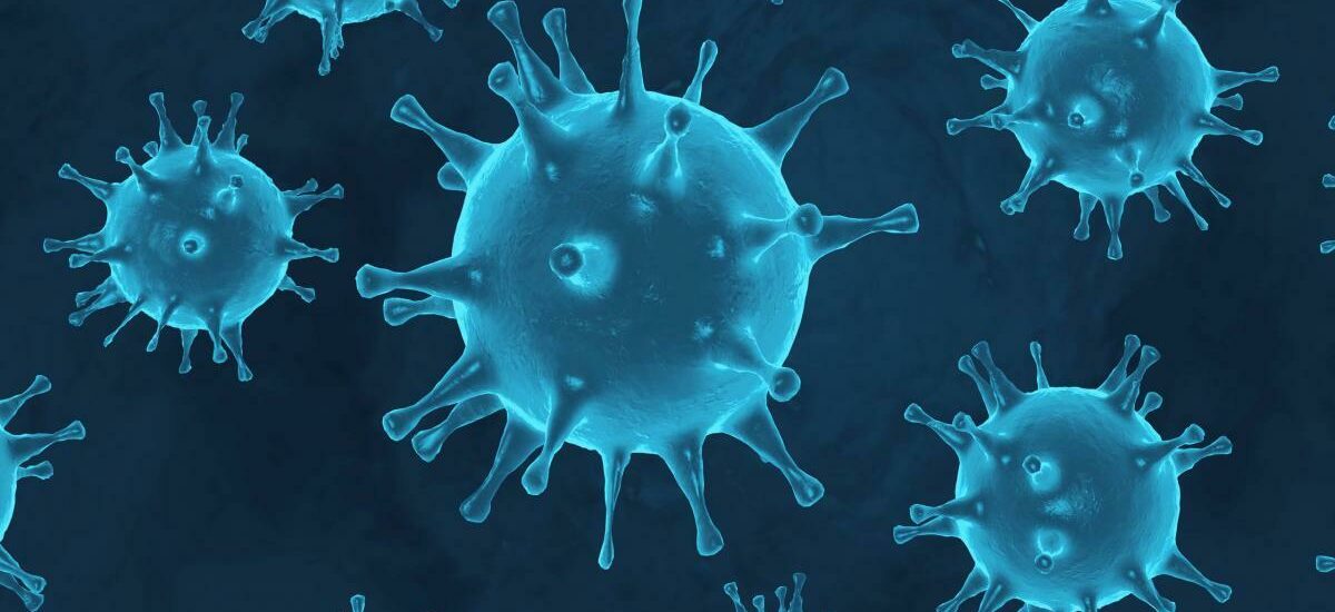 Graphic representation of coronavirus particles in blue