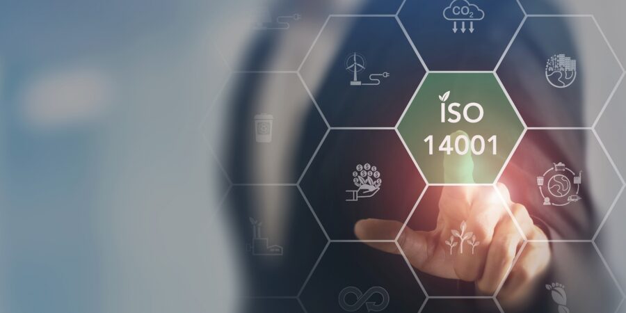 Hand touching ISO 14001 hologram icons