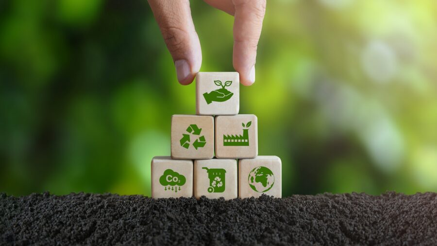 Stacked blocks with green icons on soil