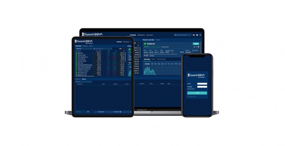 GarantiBBVA iTrader interface on laptop, tablet, and phone