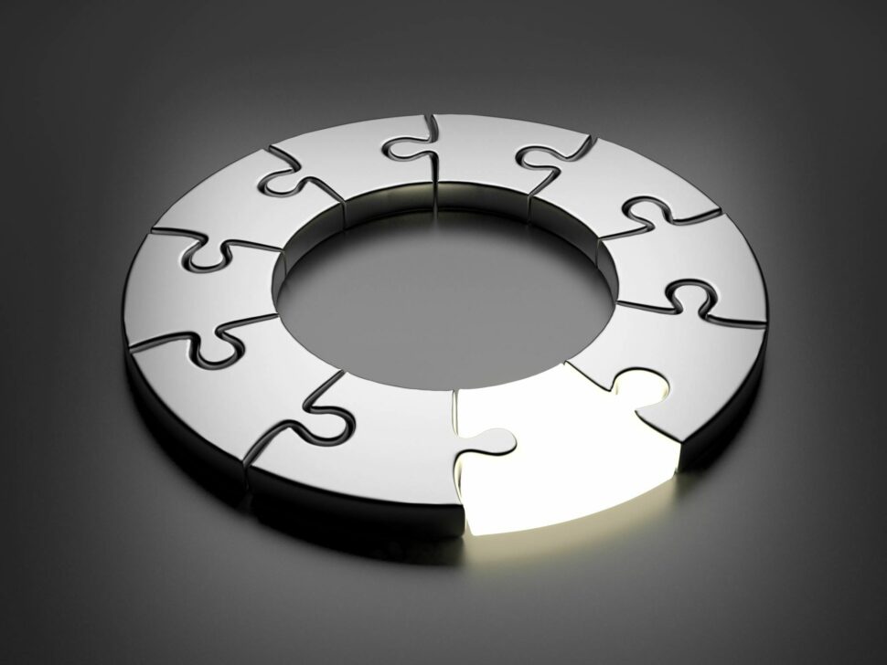 Circular puzzle missing one piece, symbolizing strategic completion