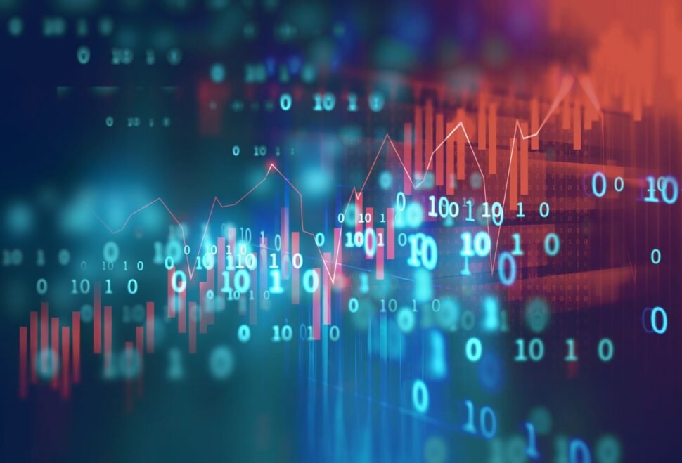 Visual of binary code and graphs symbolizing digital innovation