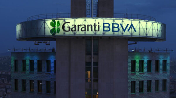 Garanti BBVA building in Istanbul at night.